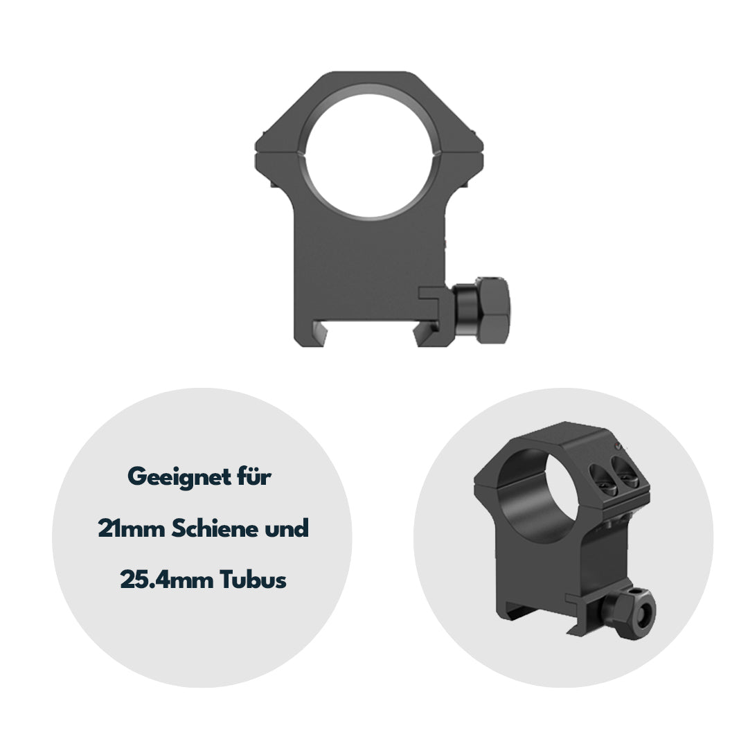 Victoptics Montageringe aus Aluminium für 21mm Schiene und 25,4mm Tubus aus Aluminium in verschiedenen Höhen