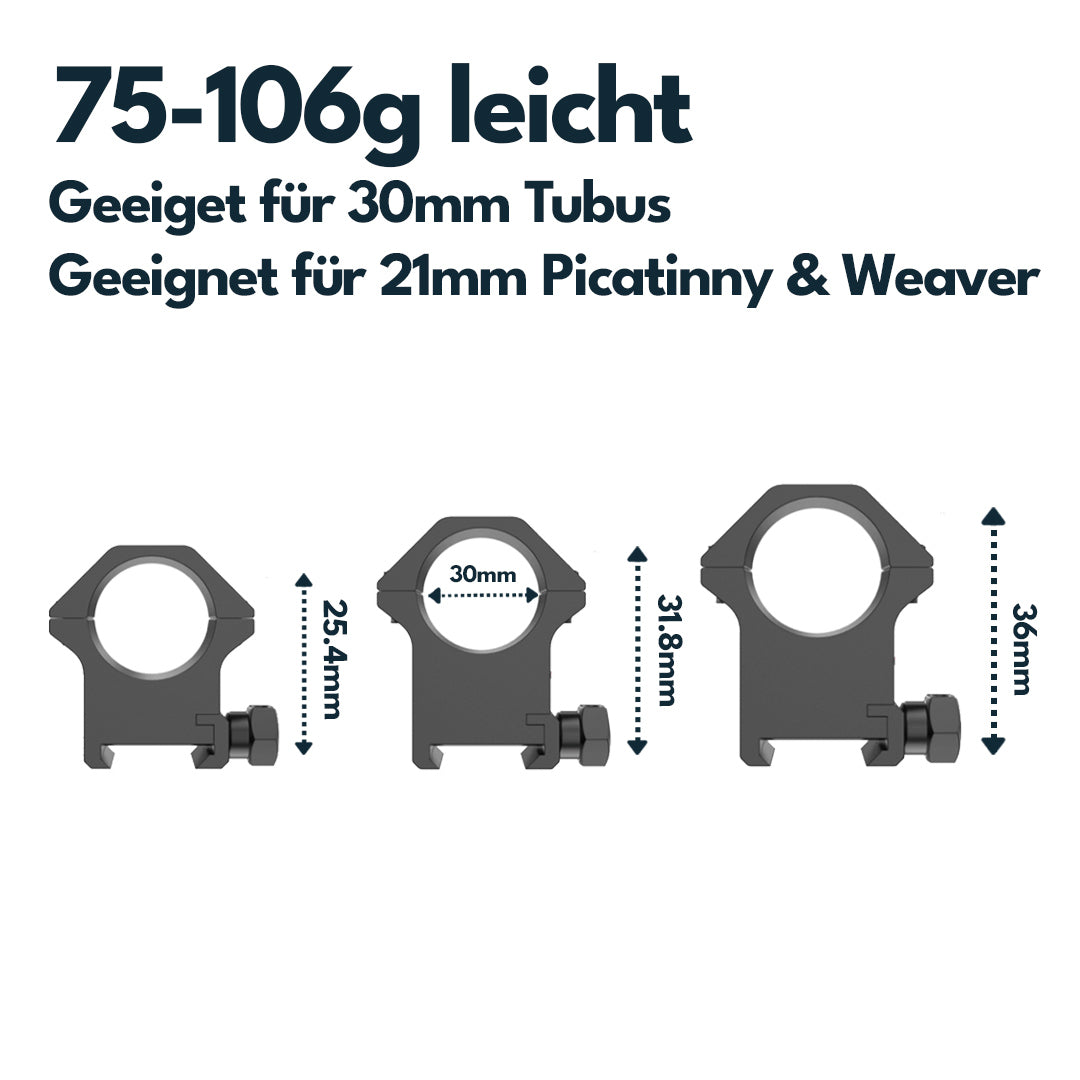 Victoptics Montageringe aus Aluminium für 21mm Schiene und 30mm Tubus aus Aluminium in verschiedenen Höhen