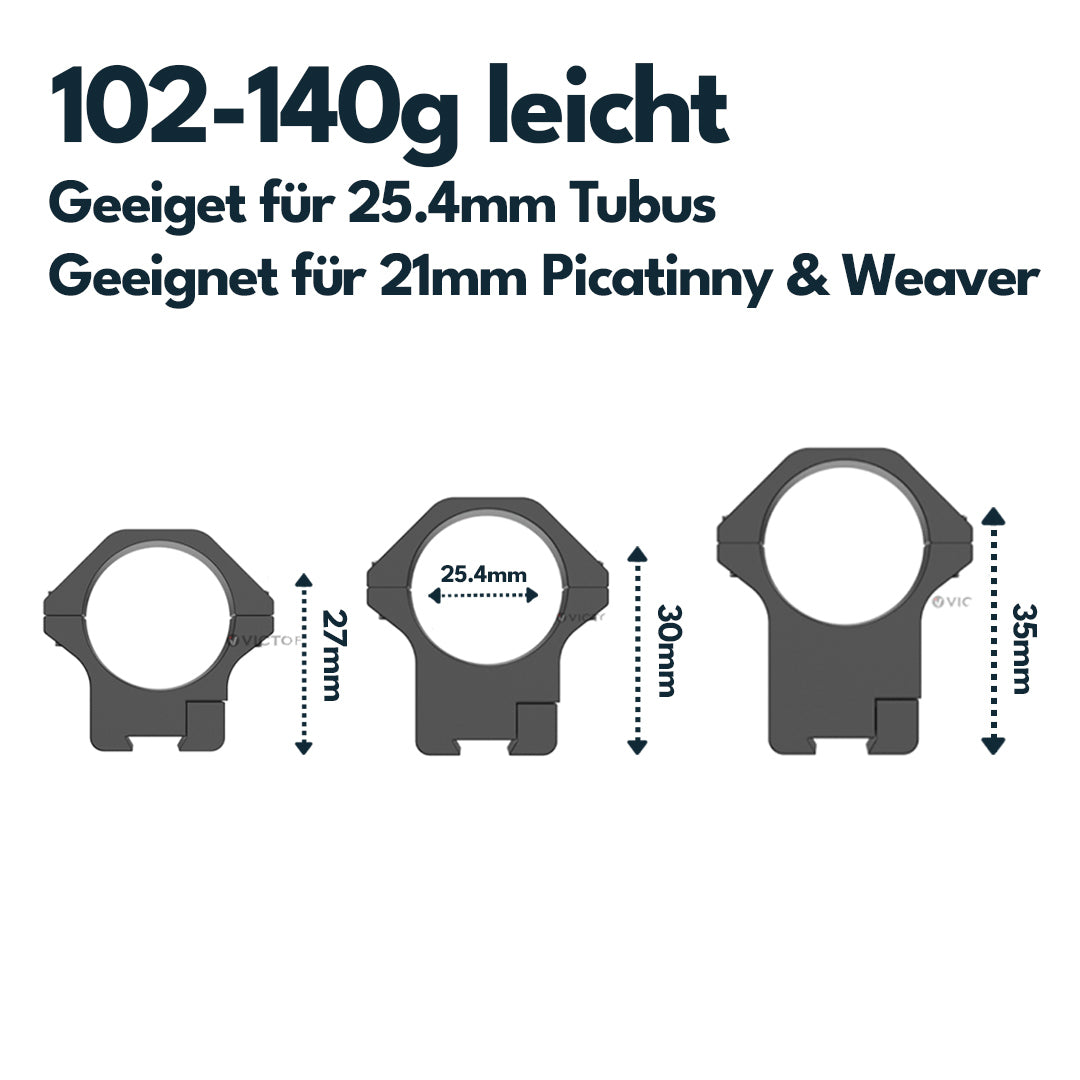 Victoptics Montageringe aus Aluminium für 11mm Schiene und 30mm Tubus aus Aluminium in verschiedenen Höhen